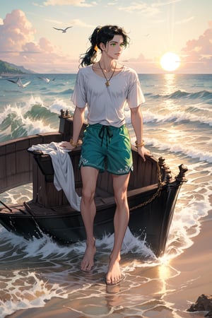  (masterpiece, Best quality, a high resolution, ultra detailed), (beautiful and aesthetically pleasing: 1.2), ((1 man)), adult, ((black hair)), ((long wavy ponytail hair)), ((Green eyes)), Male focus, male body, (slight smile: 0.8), detailed eyes and face , Full length figure, port, boats, beach, sea ships, sea, sun, splashes of water, seagulls, beach shorts, drink lemonade, palm trees, waves, golden hour, bare feet,1boy