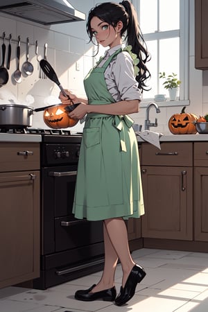 ((masterpiece, best quality, high definition, ultra-detailed), (beautiful and aesthetic: 1.2), detailed eyes and face, 1 woman, solo, black hair, long wavy hair, ponytail hair, green eyes, female body, female focus, perfect body, full body, house dress, apron, flat shoes, Halloween, cooking treats at the stove
