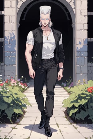 (Masterpiece, Best quality, Absurd, HDR, 8K,), (beautiful and aesthetically pleasing: 1.2), ((man, polnareff, White hair, Blue eyes, male body, male focus, black jacket, white shirt, black trousers, black shoes, many flowers, garden, castle, polnareff,1guy