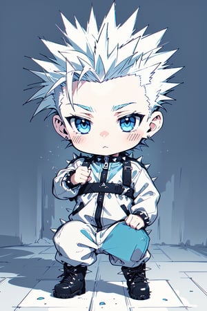 (masterpiece, best quality, highres, ultra-detailed),(beautiful and aesthetic:1.2), 1boy, kid, toddler, white hair, short hair, ((spiked hair)), (blue eyes), detailed eyes and face, crib, romper, boots, 







