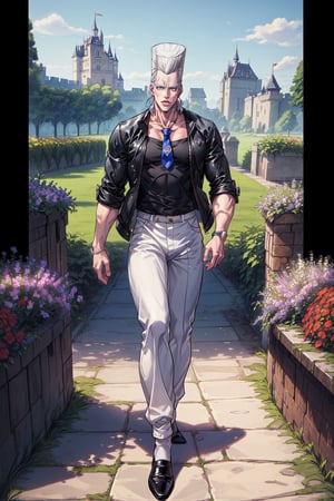 (Masterpiece, Best quality, Absurd, HDR, 8K,), (beautiful and aesthetically pleasing: 1.2), ((man, polnareff, White hair, Blue eyes, male body, male focus, black jacket, white shirt, tie, black trousers, black shoes, many flowers, garden, castle, polnareff