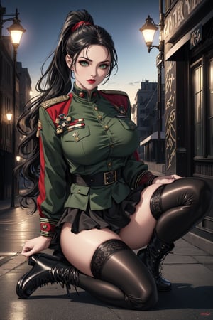  (masterpiece, best quality, high resolution, ultra detail), (beautiful and aesthetic: 1.2), detailed eyes and face, full body, 1woman, black long wavy hair, ponytail hair, green eyes, perfect body, female body, female focus, red lips, beautiful makeup, military uniform with a skirt, military jacket, military boots, black stockings, city, evening, streets