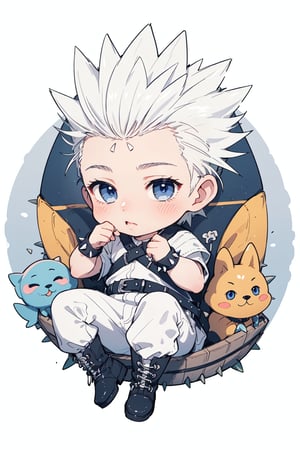 (masterpiece, best quality, highres, ultra-detailed),(beautiful and aesthetic:1.2), 1boy, kid, toddler, white hair, short hair, ((spiked hair)), (blue eyes), detailed eyes and face, crib, romper, boots, (patch on cheek)







