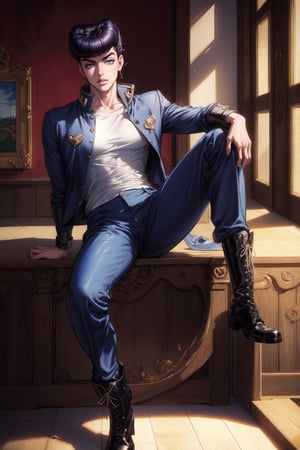 (Masterpiece, high quality, absurd work of art, Best quality, A high resolution, ultra detailed), detailed face, 1 man, Josuke Higashikata, dark hair, Blue eyes, male body, male focus, shirt, trousers, boots, ball, Luxurious hall,1boy