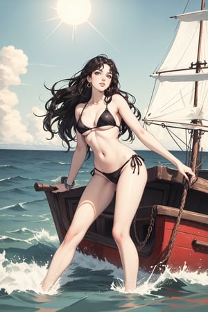  ((masterpiece, best quality, high definition, ultra-detailed), (beautiful and aesthetic: 1.2), detailed eyes and face, full body, 1 woman, black long wavy hair, (green eyes), perfect body, female body, female focus,
Red Mini bikini, sailing on a ship, ship at sea, sea around, sun








