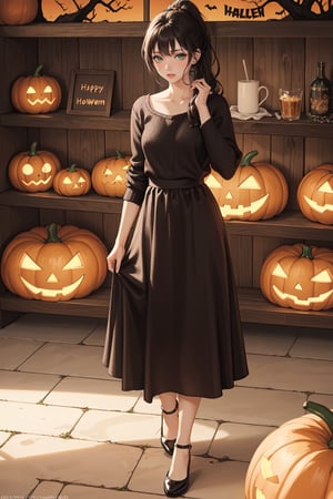 ((masterpiece, best quality, high definition, ultra-detailed), (beautiful and aesthetic: 1.2), detailed eyes and face, 1 woman, solo, black hair, long wavy hair, ponytail hair, green eyes, female body, female focus, perfect body, full body, soft sweater, long skirt, apron, flat shoes, Halloween, Halloween party 
