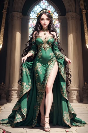 (masterpiece, best quality, high resolution, ultra detail), (beautiful and aesthetic: 1.2), detailed eyes and face, full body, 1woman, black long wavy hair, green eyes, perfect body, female body, female focus, mother of the bride dress with print,  wreath in hair, high heels, church,