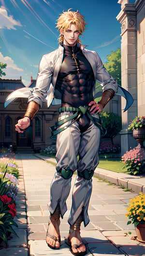 ((Masterpiece, Best Quality, hight resolution, Ultra-detailed), 1 male, Dio - golden hair., The eyes are red, sports body, detailized face, male focus, Studio, shooting for advertising, BEAUTIFUL POSE, hair ornament, Smile, x3, lace, delicate airy translucent fabric, lace trims, sandress, sandals, playing with a flowers, garden, many flowers,diavolojojo,outfit-dio