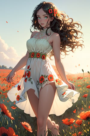 (masterpiece, Best quality, A high resolution, ultra detailed), (beautiful and aesthetically pleasing:1.2), detailed eyes and face, whole body, ((1 woman)), adult, (Dark long wavy hair), (green eyes), female body, female focus, Beautiful body, Perfect body,transparent airy summer dress, bare feet, field with poppies, troubles, very poppy, golden hour, romance
