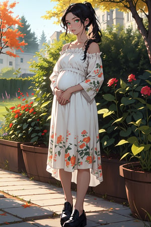  ((masterpiece, best quality, high definition, ultra-detailed), (beautiful and aesthetic: 1.2), detailed eyes and face, 1 woman, solo,  black hair, long wavy ponytail hair, green eyes, perfect body, full body, oversized loose long dress with print, ((small belly pregnancy)),  loafers, garden, autumn 





