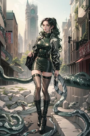 (masterpiece, best quality, high resolution, ultra detail), (beautiful and aesthetic: 1.2), detailed eyes and face, full body, (1woman), adult, (black wavy hair), long ponytail hair, (green eyes), female body, female focus, perfect body, snake skin suit, snake skin boots, snake skin jacket, snake skin skirt, snake skin bag, city, street, evening 