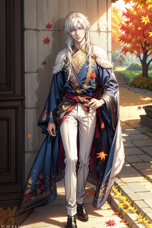 ((masterpiece, best quality, high definition, ultra-detailed), (beautiful and aesthetic: 1.2), detailed eyes and face, full body, 1 man, white long hair, blue eyes, perfect body, male body, male focus, autumn leaf costume, leaf fall, colorful leaves swirl in the air