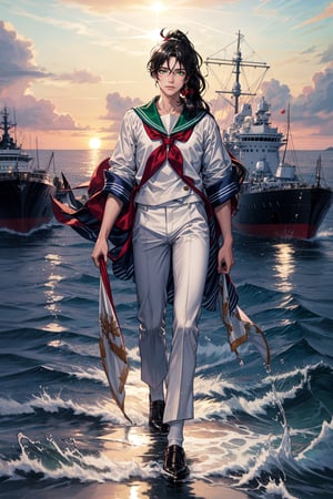  (masterpiece, Best quality, a high resolution, ultra detailed), (beautiful and aesthetically pleasing: 1.2), ((1 man)), adult, ((black hair)), ((long wavy ponytail hair)), ((Green eyes)), Male focus, male body, (slight smile: 0.8), detailed eyes and face , Full length figure, sailor uniform, white trousers, sailor suit, port, boats, sea ships, sea, sun, splashes of water