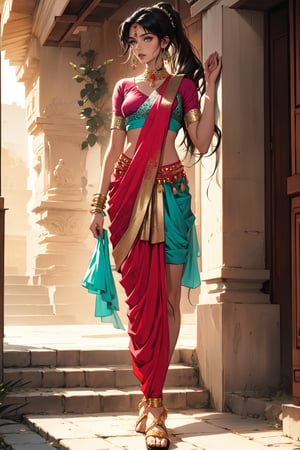  ((masterpiece, best quality, high definition, ultra-detailed), (beautiful and aesthetic: 1.2), detailed eyes and face, 1 woman, solo,  black hair, long wavy ponytail hair, green eyes, perfect body, full body, indian sari, india, indian sandals, bazaar





