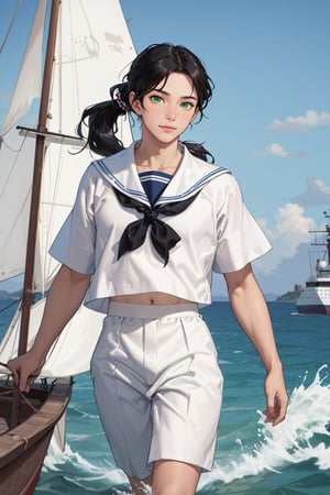  (masterpiece, Best quality, a high resolution, ultra detailed), (beautiful and aesthetically pleasing: 1.2), ((1 man)), adult, ((black hair)), ((long wavy ponytail hair)), ((Green eyes)), Male focus, male body, (slight smile: 0.8), detailed eyes and face , Full length figure, sailor uniform, white trousers, sailor suit, port, boats, sea ships, sea, sun, splashes of water