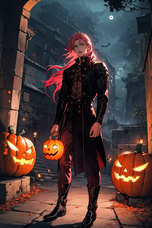  ((masterpiece, best quality, high definition, ultra-detailed), (beautiful and aesthetic: 1.2), detailed eyes and face, 1 man, solo,  pink hair, long hair, green eyes, male body, male focus, perfect body, full body, pumpkin costume, pumpkin costume, pumpkin boots,a costume made from pieces of pumpkin sewn together,  halloween, night club, 




