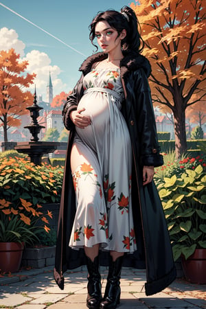  ((masterpiece, best quality, high definition, ultra-detailed), (beautiful and aesthetic: 1.2), detailed eyes and face, 1 woman, solo,  black hair, long wavy ponytail hair, green eyes, perfect body, full body, oversized loose long dress with print, ((small belly pregnancy)),  flat boots, coat, garden, autumn 





