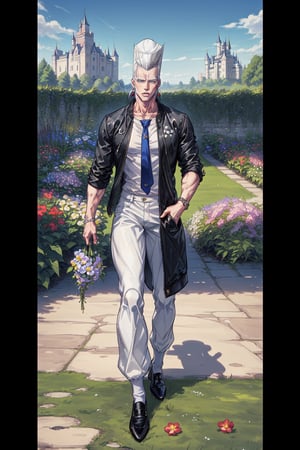 (Masterpiece, Best quality, Absurd, HDR, 8K,), (beautiful and aesthetically pleasing: 1.2), ((man, polnareff, White hair, Blue eyes, male body, male focus, black jacket, white shirt, tie, black trousers, black shoes, many flowers, garden, castle, polnareff