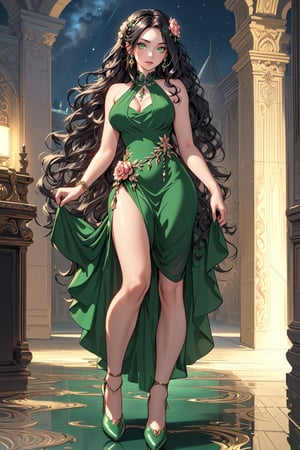 ((masterpiece, Best quality, A high resolution, ultra detailed), (beautiful and aesthetically pleasing:1.2), Detailed eyes and face, full body, (1 woman), adult, (black long wavy hair), (green eyes), female body, female focus, Beautiful body, perfect body, 
 full body, garem outfit, beautiful sexy dress, erotic dress, pumps, birthday party, night party, 