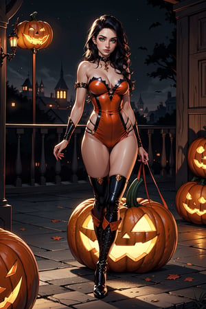  ((masterpiece, best quality, high definition, ultra-detailed), (beautiful and aesthetic: 1.2), detailed eyes and face, 1 woman, solo,  black hair, long wavy hair, green eyes, female body, female focus, perfect body, full body, pumpkin costume, pumpkin costume, pumpkin boots,a costume made from pieces of pumpkin sewn together,  halloween, night club, 




