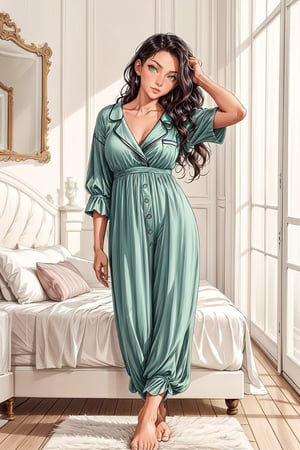 ((masterpiece, best quality, high definition, ultra-detailed), (beautiful and aesthetic: 1.2), detailed eyes and face, 1 woman, solo, black hair, long wavy hair, green eyes, female body, female focus, perfect body, full body, soft fluffy pajamas, house slippers, luxurious bedroom in French style, large bed, coziness,
