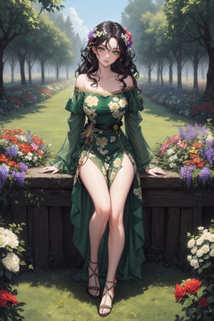 ((masterpiece, Best quality, A high resolution, ultra detailed),(beautiful and aesthetically pleasing:1.2), 1 woman, adult, perfect body, wavy black hair, ((green eyes)), detailed eyes and face, whole body, flowers, garden, grass, trees, oversize dress with flowers print, Off Shoulder Dress, sandals,