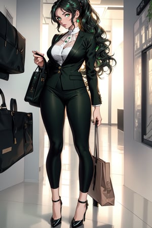 (masterpiece, best quality, high resolution, ultra detail), (beautiful and aesthetic: 1.2), detailed eyes and face, full body, (1woman), adult, (black wavy hair), long ponytail hair, (green eyes), female body, female focus, perfect body, photo shoot business lady, suit, high heels, bag, office 