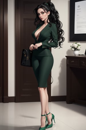 (masterpiece, best quality, high resolution, ultra detail), (beautiful and aesthetic: 1.2), detailed eyes and face, full body, (1woman), adult, (black wavy hair), long ponytail hair, (green eyes), female body, female focus, perfect body, photo shoot business lady, suit, high heels, bag, office 