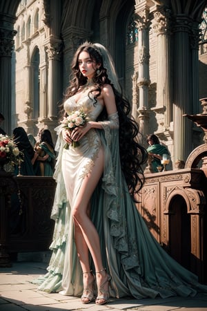 (masterpiece, best quality, high resolution, ultra detail), (beautiful and aesthetic: 1.2), detailed eyes and face, full body, 1woman, black long wavy hair, green eyes, perfect body, female body, female focus, modest mother of the bride dress, red lips, beautiful makeup, high heels, church