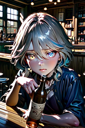 furinanrml,heterochromia,photorealistic,detailed,8k,cute,teen, (medium,short shot) sad and lonely, drinking a bottle,in a tavern, detailed background,