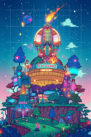 look up, There is a luxury building torch high above the playground, Jelly style, A pumpkin, Luxury texture, Stadium landscape, A flame rising from the top of the torch building, No expression emotional, no features, Colorful bright colors, vivid and cute atmosphere, 3Dmax, soft shadows, unbelievable vision, high quality photos,txzn8bit.