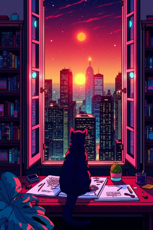 txzn8bit, 
a detailed illustration of  a cityscape at sunset, viewed from an interior window. 
A dark-colored tabby cat sits on a wooden desk in front of the window, facing outward, looking at the city. 
The window is framed by dark-red or burgundy-colored, almost outlined, rectangular borders or frames. 
The cityscape shows tall buildings with varying architectural styles, lit by the vibrant sunset colors, which are predominantly reds, oranges, and some yellows and pinks. A large, bright orange-yellow sun occupies the center of the upper portion of the view, almost directly above the buildings.
A small potted plant sits on the desk near the window, next to the cat.
Sheets of papers are spread out on the desk,  suggesting a workspace or study area. Some drawing tools or art supplies are also visible on the papers.
Bookshelves with various books fill the space near the window.

