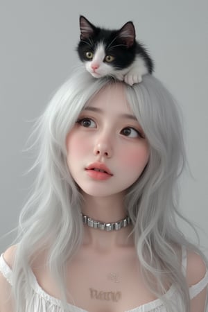 txznasian4. ( front view) a young asian girl with white hair.  looking upwards with a calm, dreamy expression. A small black and white cat is resting on her head, peeking over her hair and looking down at her with wide eyes. the girl's lips are slightly parted, adding to the serene mood. She is wearing a choker,  long wave white hair The background is neutral, emphasizing the characters.