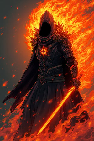 A cartoon drawing of Faceless entity wearing cloak,fire spiral around him,holding sword of flame,a masterpiece,8k resolution concept,dark armor,
ultimate realistic lighting and textures
, txznline