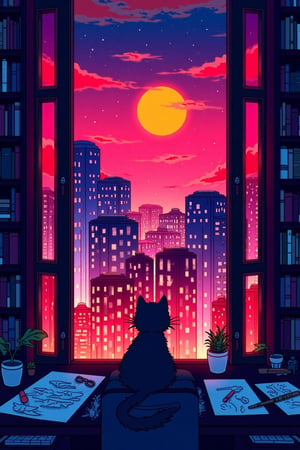 txzn8bit, 
a detailed illustration of  a cityscape at sunset, viewed from an interior window. 
A dark-colored tabby cat sits on a wooden desk in front of the window, facing outward, looking at the city. 
The window is framed by dark-red or burgundy-colored, almost outlined, rectangular borders or frames. 
The cityscape shows tall buildings with varying architectural styles, lit by the vibrant sunset colors, which are predominantly reds, oranges, and some yellows and pinks. A large, bright orange-yellow sun occupies the center of the upper portion of the view, almost directly above the buildings.
A small potted plant sits on the desk near the window, next to the cat.
Sheets of papers are spread out on the desk,  suggesting a workspace or study area. Some drawing tools or art supplies are also visible on the papers.
Bookshelves with various books fill the space near the window.

