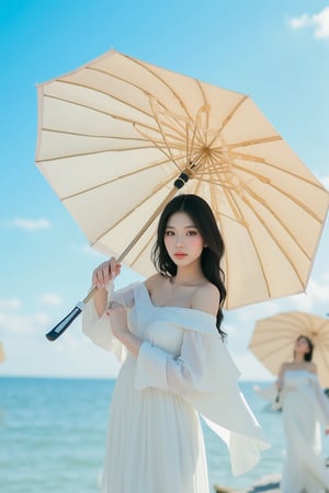 txznasian12, Product photography, A woman holding an umbrella in a white dress is standing on the beach with a blue sky and sea background. The photo features beige colored umbrellas with a black large rectangle handle. A high quality photo shows a young lady wearing a white long-sleeved off-the-shoulder top, white skirt and black hair with sun shadow, in the style of a Chinese artist. The image features a solid color umbrella with a golden 