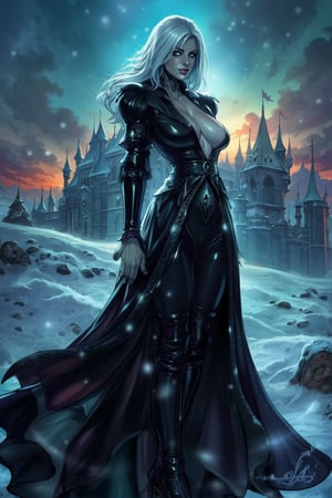 txznreiq, 
An animated cartoon image of a female, magical night, Stunning beautiful, masterpiece, best quality, extremely detailed photo, super realistic photo, dramatic photo, spiritual, magical mysterious atmosphere, Halloween, creepy vampire, beautiful vampire girl, girl 25 years old, front view, white long hair, slightly curly hair, hair fluttering in the wind, long black coat, vintage style, pale skin, vampire, black straight cut coat, snow on the shoulders, winter, snow falling, field in snow, vampire walking through snowdrifts, vampire knee-deep in snow, medieval castle in the background, haunted castle, a luxurious suit made of expensive fabrics, thick fabrics in clothes, winter, twilight, pale skin, night, snow, wind, cold, creepy atmosphere,