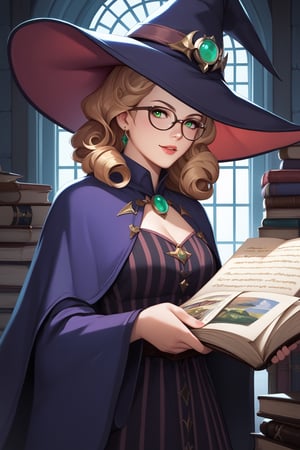 score_9, score_8_up, score_7_up, digital painting, 8K, hi-resolution, witch, brown, curly hair, witch hat, glasses, nerd, dorky, checked dress, green eyes, glowing potions, potions in round-bottom flasks, holding round-bottom flasks, Alchemy room, robes, fantasy, small breasts