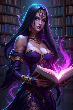 txznreiq, 
Mystical Sorceress of Yennefer with glowing spellbook and violet eyes, in an ancient library, in the style of gothic fantasy, elegant models, Anne Stokes, 32k uhd, intricate details,