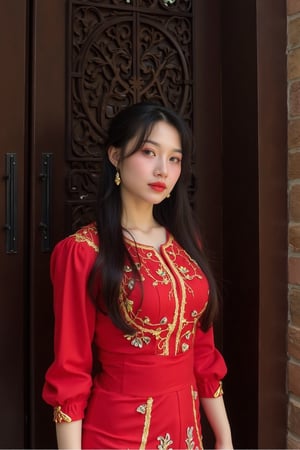 txznasian15, a young Asian woman stands in front of a dark wooden door, adorned with intricate carvings. She is dressed in a long-sleeved red dress adorned with gold embroidery and a gold ring on her finger. Her hair is pulled back, cascading over her shoulders, framing her face. Her eyes are adorned with a bold red lipstick, adding a pop of color to her lips. The backdrop is a dark brown wooden door with a intricate design. To the right of her, a brick wall is visible.