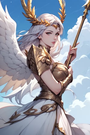 score_9, score_8_up, score_7_up, 1girl, valkyrie in gorgeous armor is holding a spear in hand, (side view, solo:1.1), standing, golden laurel wreath crown, goddess, pale skin, beautiful face, armored dress, wings, looking at viewer, cloudy sky, holy light, light from clouds, fantasy theme