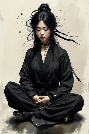 txznasian13, A female ninja in black clothes closed her eyes in meditation, looked serious, and lowered her hands. Image style: black, gray, white, ancient Chinese paintings, old RPG, illustrations by Aleksi Briclot and Ilya Kuvshinov and Bill Sienkiewicz, Bold strokes, colors in impasto style.