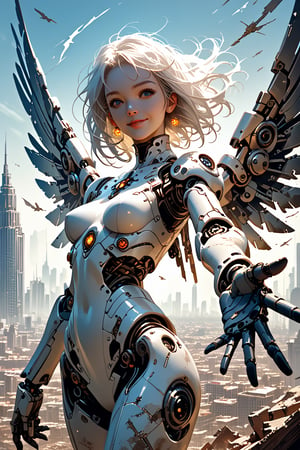 score_9, score_8_up, score_7_up, 
1girl, g1rl, solo, reaching towards viewer, slight smile, android body, exposed android joints, white hair, (mechanical wings:1.2), broken wing, angelic, detailed background, post-apocalyptic, city, cityscape, glow