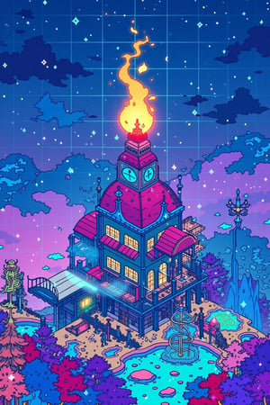 look up, There is a building torch high above the playground, A flame rising from the top of the torch building, No expression emotional, no features, Colorful bright colors, vivid and cute atmosphere,txzn8bit.