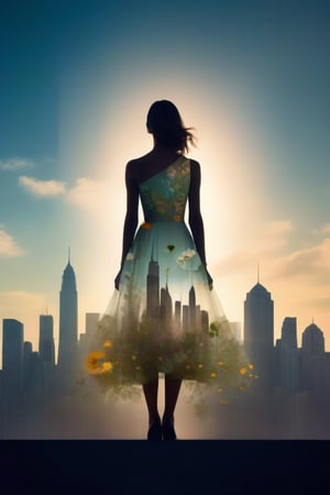 a photograph of a double exposure of a woman standing in front of a city skyline, her silhouette filled with the intricate details of botanical illustrations. The flowers matched her dress, transforming her into a powerful nature goddess with the concrete jungle at her command.,3D