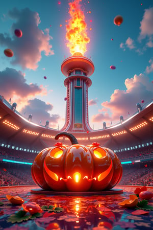 look up, There is a luxury building torch high above the playground, Jelly style, A pumpkin, Luxury texture, Stadium landscape, A flame rising from the top of the torch building, No expression emotional, no features, Colorful bright colors, vivid and cute atmosphere, 3Dmax, soft shadows, unbelievable vision, high quality photos