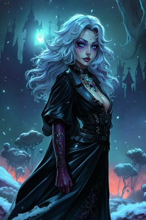 txznreiq, 
An animated cartoon image of a female, magical night, spiritual, magical mysterious atmosphere, Halloween, creepy vampire, beautiful vampire girl, girl 25 years old, front view, white long hair, slightly curly hair, hair fluttering in the wind, long black coat, vintage style, pale skin, vampire, black straight cut coat, snow on the shoulders, winter, snow falling, field in snow, vampire walking through snowdrifts, vampire knee-deep in snow, medieval castle in the background, haunted castle, a luxurious suit made of expensive fabrics, thick fabrics in clothes, winter, twilight, pale skin, night, snow, wind, cold, creepy atmosphere,