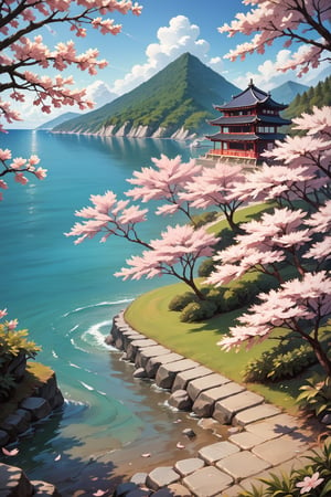 score_9, score_8_up, score_7_up, score_6_up,flower, outdoors, , no humans, owsstyle, traditional Japanese buildings, cherry blossom trees, sea, rocks, Mount Fuji,