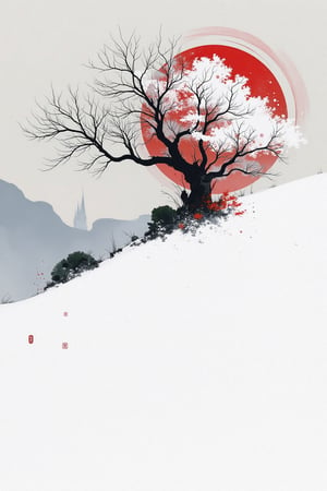 txznart, 
An abstract painting of white fleecy hill, sprawling black and white tree, red neon disk shining on a white and gray sky, a