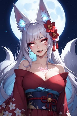 score_9, score_8_up, score_7_up, kitsune girl, floral kimono, exposed shoulders, beautiful face, thick eyelashes, glowing white eyes, fox ears, long flowy silver hair, cute smile, dark eyeshadow, glowing shoulders tattoos, glowing back tattoos, floral decoration in hair, night time, shinning moon, lit by moonlight, ambient lighting, fangs, long fluffy tail